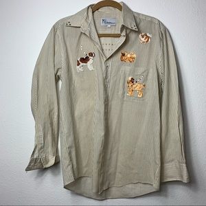 Striped button down with stitched dog design